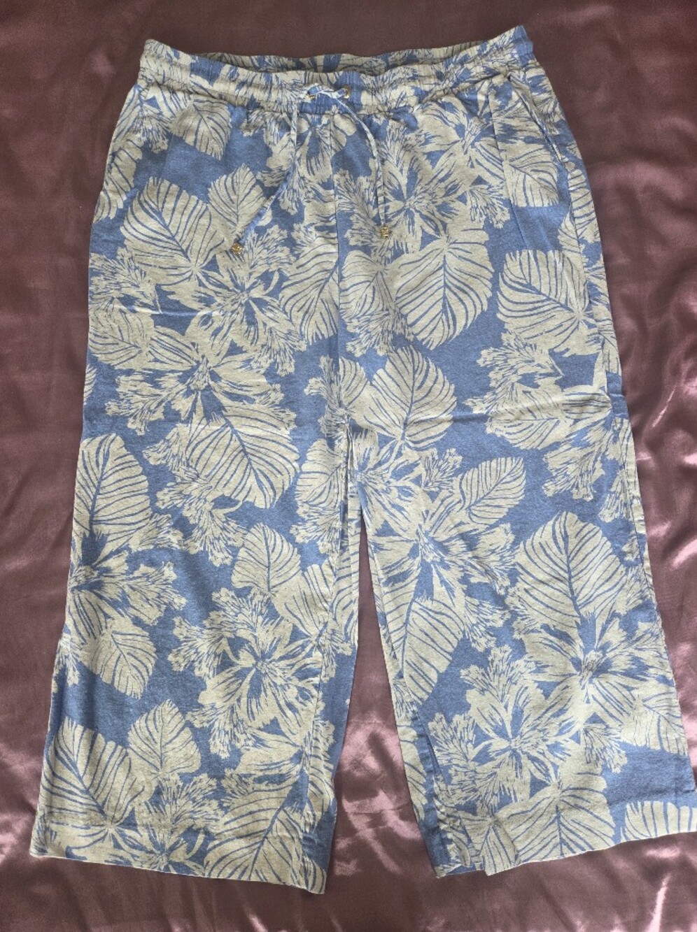Anne Klein Tropical Floral Wide Leg Linen Blend Pants Blue White Size L